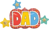 Sign-shaped foil balloon with bold red yellow and blue DAD letters, red checkered background, three colorful star-shaped balloons