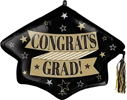 This balloon has a grad cap shape with a tassel coming from the side and the words Congrats Grad