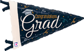 Triangular pennant with congratulations grad text, dark background, graduation cap graphic, confetti and streamers
