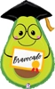 This balloon is in the shape of an avacado and it has a grad cap on with a deploma in its hands that says Bavacado