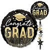 This black balloon says Congrats Grad and has a gold graduation cap above it and it also has an inflatable star tail