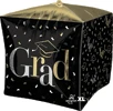 This cubez shaped balloon has the word Grad with a graduation cap on two sides and confetti on the other two