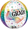 This Orbz balloon has the celebratory Congrats Grad phrase along with a multi-color tassel on two sides and the other two sides are multi-color with stars