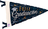 Triangular pennant with feliz graduacion text, dark blue background, graduation cap, colorful swirls in yellow white and orange