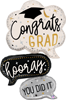 Three speech bubble shaped decorations with congrats grad, hooray, and you did it text, gold stars, graduation cap, festive backgrounds
