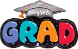 Balloon with congrats grad text, multicolored letters, graduation cap, and colorful confetti background