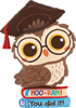 Cartoon owl wearing graduation cap and glasses standing on books with hoo ray and you did it text