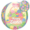 Easter balloon with pastel basket filled with decorated eggs, pink bow, white Happy Easter text, green grass and soft spring colors