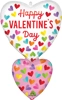 Double heart shaped balloon with Happy Valentines Day text colorful small hearts and red lettering on white and pink backgrounds