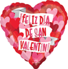 This heart shaped balloon has hearts as the background and The Spanish message Feliz dia de san Valentin on the front