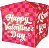 This Cube shaped balloon has a pink and red checkerboard background with Happy Valentine's Day on two sides and I Love You on the other two sides