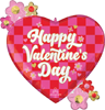 This heart shape balloon has a checkerboard background with Happy Valentine's Day in the center and a bunch of Flowers on top and the bottom