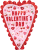 This heart shaped balloon has a red ruffle border with various Valentines day icons scattered around the background and Happy Valentine's Day in the center
