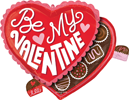 Heart-shaped red balloon with Be My Valentine text in white and pink, heart graphics, and background of assorted chocolates