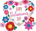 White heart shaped Happy Valentines Day balloon with colorful flower patterns and vibrant lettering
