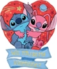Heart shaped balloon with Stitch and Angel characters red background stars and Will You Be My Valentine message