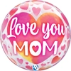 This Bubble balloon is covered in lots of hearts with Love You Mom on the big heart in the middle