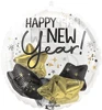 This balloon has a clear outsiding with black and gold star balloons inside and on the clear part it says happy new year!