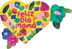 Heart shaped yellow balloon with colorful flowers and Feliz Dia Mama text in pink and blue surrounded by floral decorations
