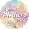 Round balloon with blue pink and yellow gradient background colorful butterflies stars and white and pink Happy Mothers Day text
