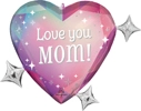 Heart-shaped balloon with pink purple and blue gradient, white stars and sparkles, silver star accents, Love you MOM text