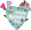 Heart-shaped balloon with light blue background, colorful flowers and leaves, Happy Mothers Day text in white font