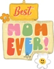 Foil balloon with Best MOM EVER text in multicolored letters, yellow top banner, orange and white flowers, sparkles around text