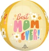 Orb shaped balloon with light yellow background, white daisy flowers, colorful Best MOM EVER text, star accents