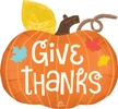 This balloon has the shape of a pumpkin and it says Give thanks on it