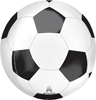 round foil balloon designed like a classic black and white soccer ball with pentagon and hexagon panels