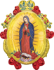 This balloon has the Lady of Guadalupe with praying hands on a bright yellow balloon with Roses along the border